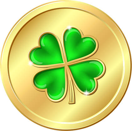 Golden coin with four leaf clover.